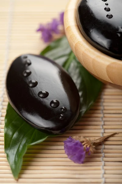 Zen-Stein mit Wassertropfen über grünem Blatt — Stockfoto