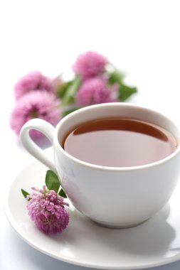 White cup of herbal tea and clover flowers isolated clipart