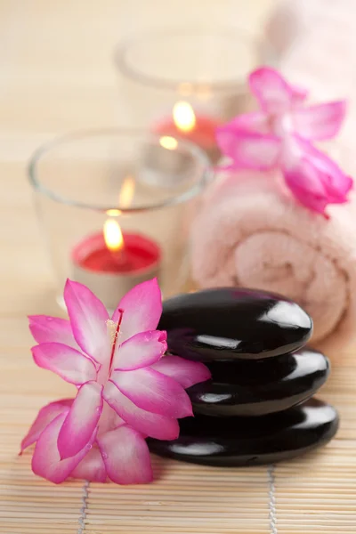 Wellness stones en roze bloemen over bamboe mat — Stockfoto