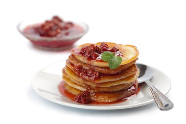 Sweet pancakes with strawberry jam isolated clipart