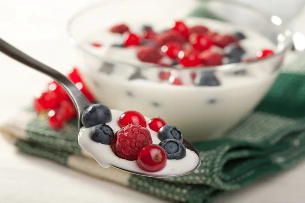 Spoon with yogurt and wild berries — Stock Photo, Image