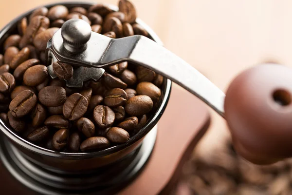 Roasted coffee beans in grinder — Stock Photo, Image