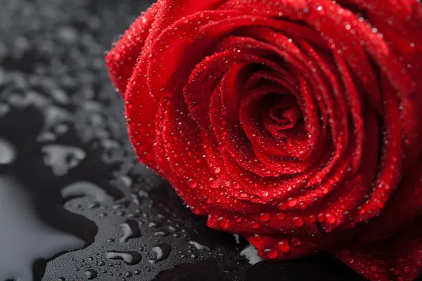 Hermosa rosa roja con gotitas de agua sobre fondo negro — Foto de Stock