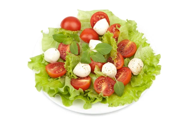 Salade met tomaten en mozzarella geïsoleerd — Stockfoto