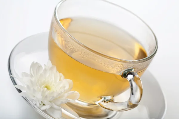 Xícara de chá verde e flor branca — Fotografia de Stock