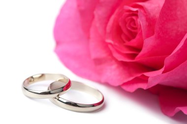 Gold wedding rings and pink rose isolated clipart