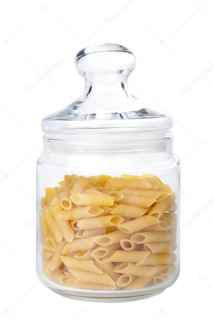 Raw pasta in jar isolated