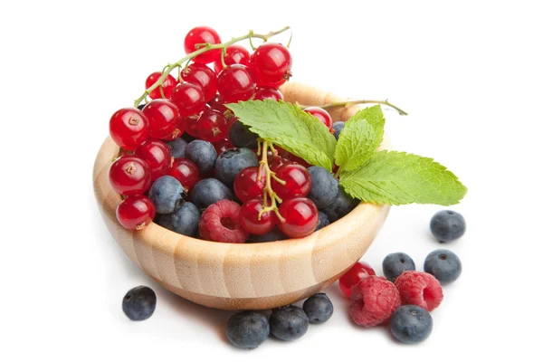 Fresh berries in wood bowl isolated — Stockfoto