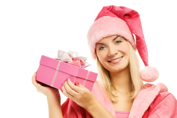 美丽夫人圣诞老人与礼品盒 — 图库照片