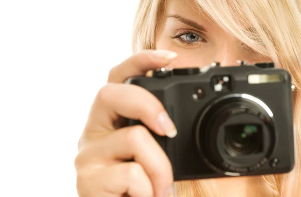 Mooie Lachende Vrouw Met Digitale Camera Geïsoleerd Witte Achtergrond — Stockfoto