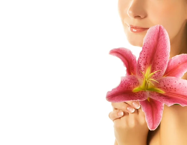 Beautiful Young Woman Pink Lily — Stock Photo, Image