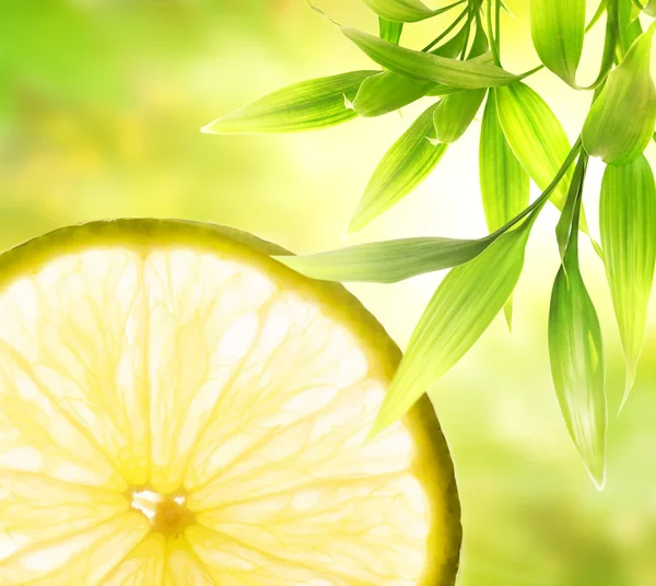 Yeşil arka plan üzerine limon dilimi — Stok fotoğraf