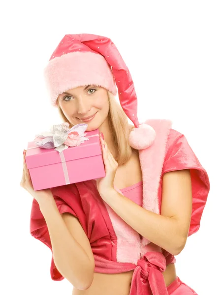 Linda Sra. Santa com uma caixa de presente — Fotografia de Stock