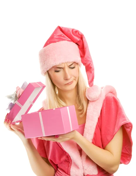 Beautiful mrs. Santa with a gift box — Stock Photo, Image