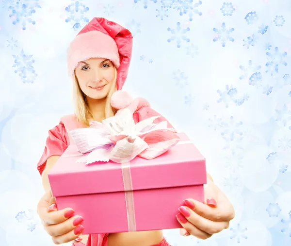 Mrs Santa Mit Einer Geschenkbox — Stockfoto