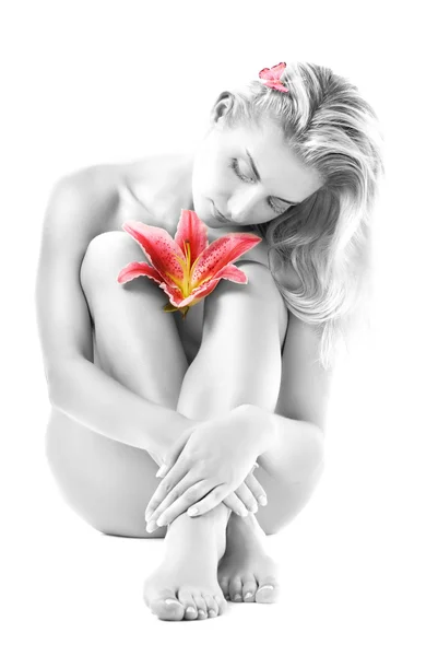 Красивая Молодая Женщина Розовым Цветком Лилии Изолированный Белом Фоне — стоковое фото