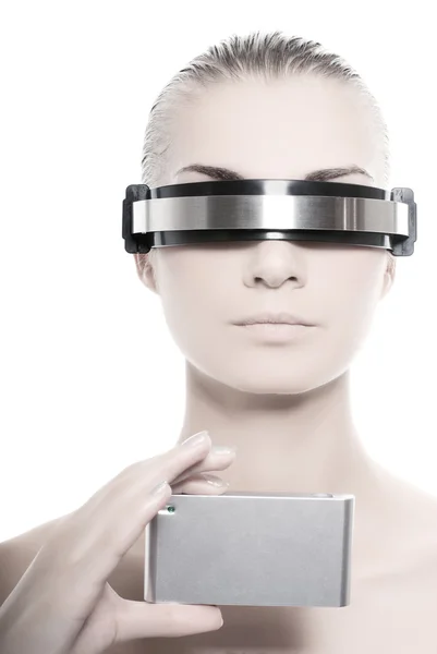 Cyber Woman Holding Silver Gadget — Stock Photo, Image