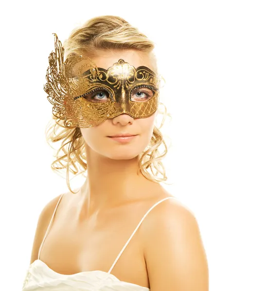 Piękne blond kobieta maski karnawałowe złote — Zdjęcie stockowe