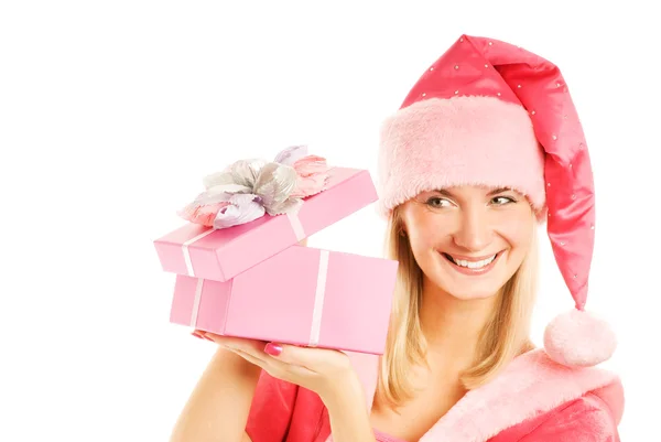 Linda Sra. Santa com uma caixa de presente — Fotografia de Stock