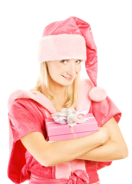 Schöne Mrs Santa Mit Einer Geschenkbox — Stockfoto