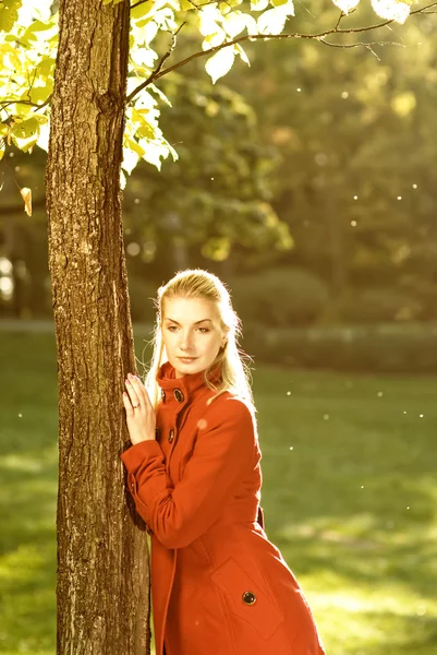 Bella donna bionda con foglie autunnali all'aperto — Foto Stock