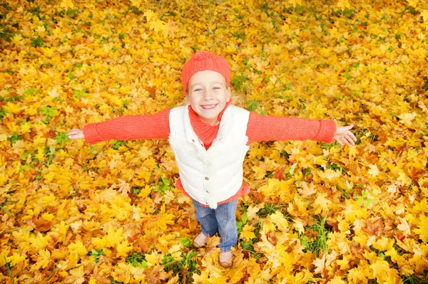 Bella bambina con foglie autunnali all'aperto — Foto Stock