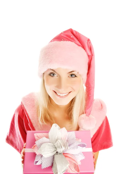 Mrs. Santa with a gift box. Funny wide angle view. Isolated on w — Stock Photo, Image