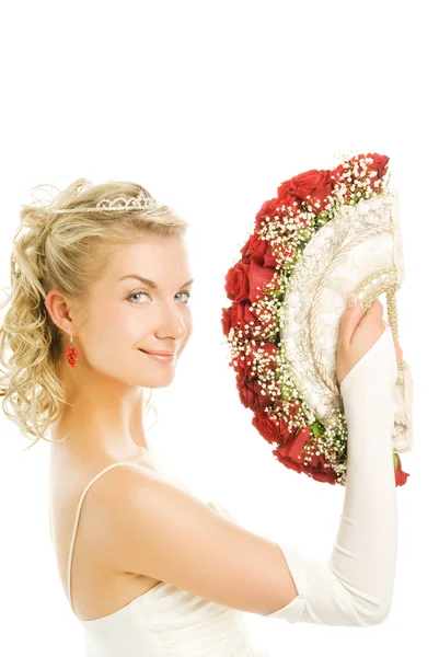 Όμορφη Νεαρή Νύφη Πολυτελή Ανθοδέσμη Των Κόκκινων Τριαντάφυλλων Απομονώνονται Λευκό — Φωτογραφία Αρχείου