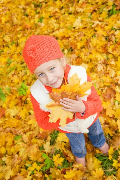 Mooi Klein Meisje Met Herfst Bladeren Buiten — Stockfoto