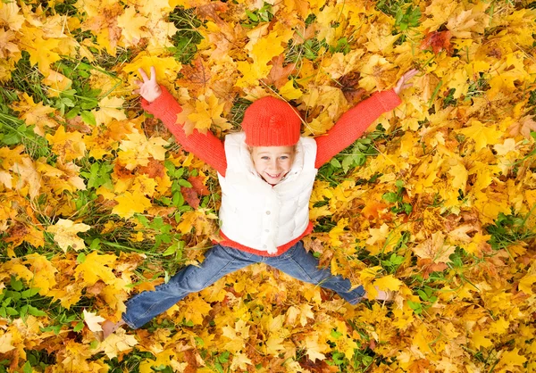 Χαριτωμένο Μικρό Κορίτσι Που Βρίσκεται Φθινοπωρινά Φύλλα — Φωτογραφία Αρχείου