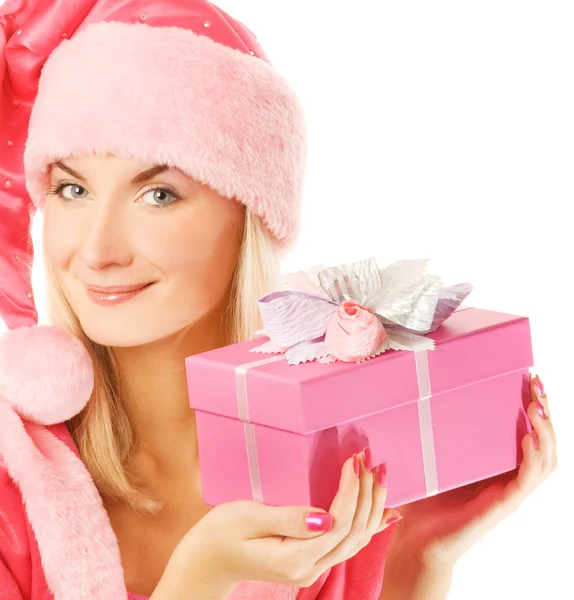 En아름 다운 부인 산타 선물 상자 — Stock Fotó