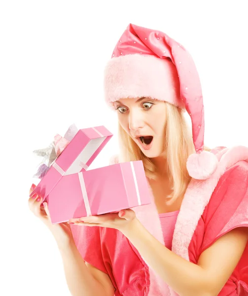 Beautiful mrs. Santa with a gift box — Stock Photo, Image