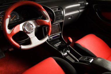 Tuned sport car. Luxury red velvet interior clipart