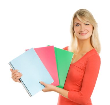 Attractive teenage girl with notebooks isolated on white backgro clipart