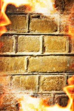 Abstract fire frame over brick wall clipart