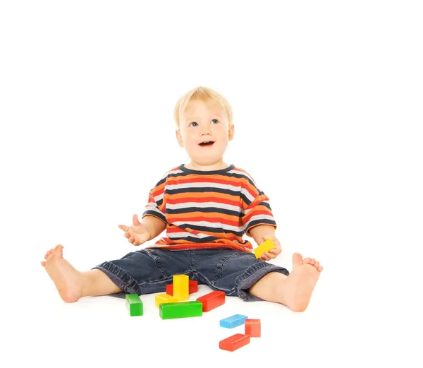 Beautiful Young Child Playing Intellectual Game Isolated White Background — Stock Photo, Image