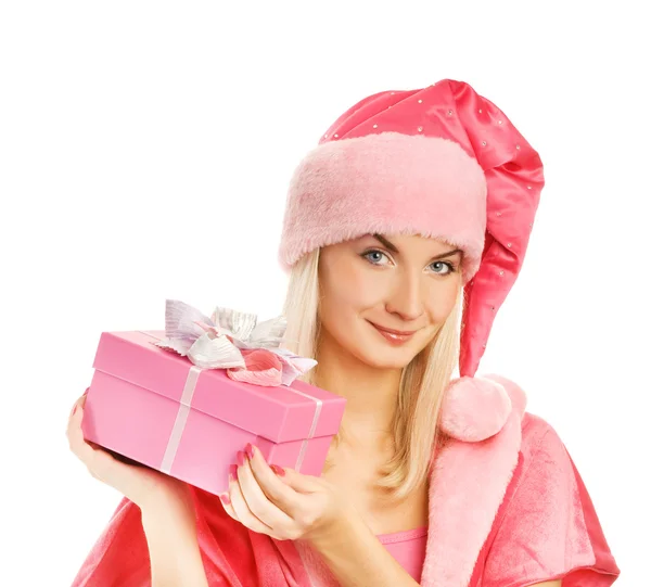 Прекрасная миссис Санта с подарочной коробкой — стоковое фото