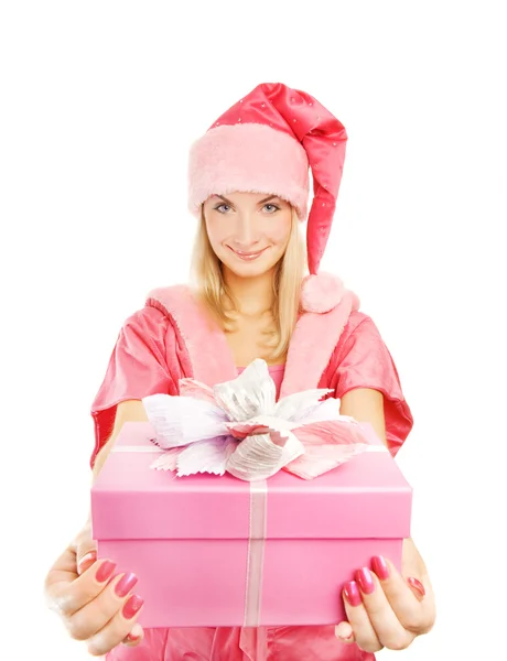 夫人圣诞老人与礼品盒 有趣的广角视角 在白色背景上孤立 — 图库照片