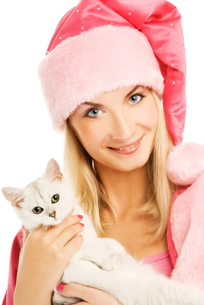 Mooie mrs. santa met mooie Britse kitten. geïsoleerd op whi — Stockfoto