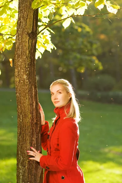 Hermosa mujer rubia con hojas de otoño al aire libre — Foto de Stock