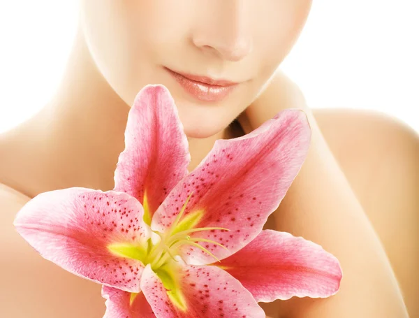 Beautiful Young Woman Pink Lily — Stock Photo, Image