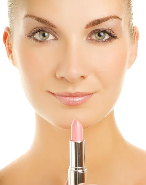 Vacker ung kvinna med rosa läppstift närbild porträtt. Isol — Stockfoto