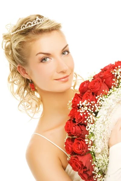 Schöne Junge Braut Mit Luxuriösem Strauß Roter Rosen Isoliert Auf — Stockfoto
