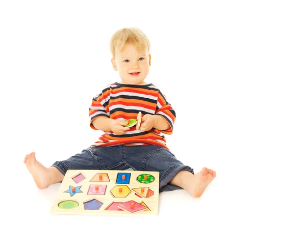 Beautiful Young Child Playing Intellectual Game Isolated White Background — Stock Photo, Image