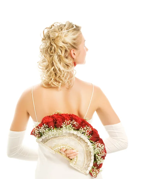 Όμορφη Νεαρή Νύφη Μια Πολυτελή Ανθοδέσμη Των Κόκκινων Τριαντάφυλλων Απομονωθεί — Φωτογραφία Αρχείου