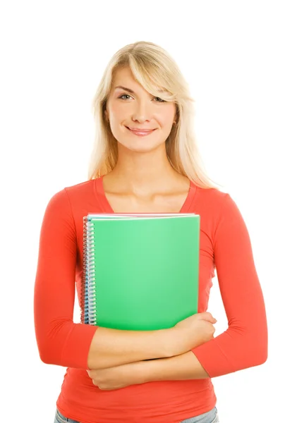 Atraktivní dospívající dívka s notebookem izolovaných na bílém backgro — Stock fotografie