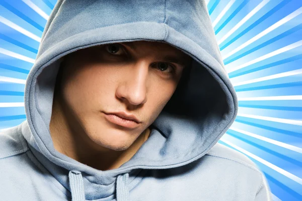 Handsome Young Man Hood Abstract Blue Background — Stock Photo, Image