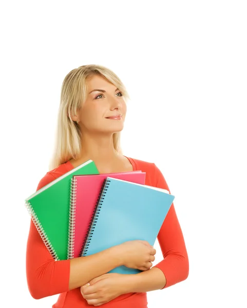 Menina adolescente atraente com cadernos isolados no backgro branco — Fotografia de Stock