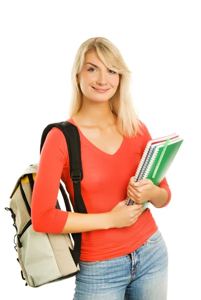 Menina Adolescente Atraente Com Cadernos Isolados Fundo Branco — Fotografia de Stock