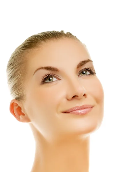 Beautiful young woman with long neck and smooth skin looking up. — Stock Photo, Image